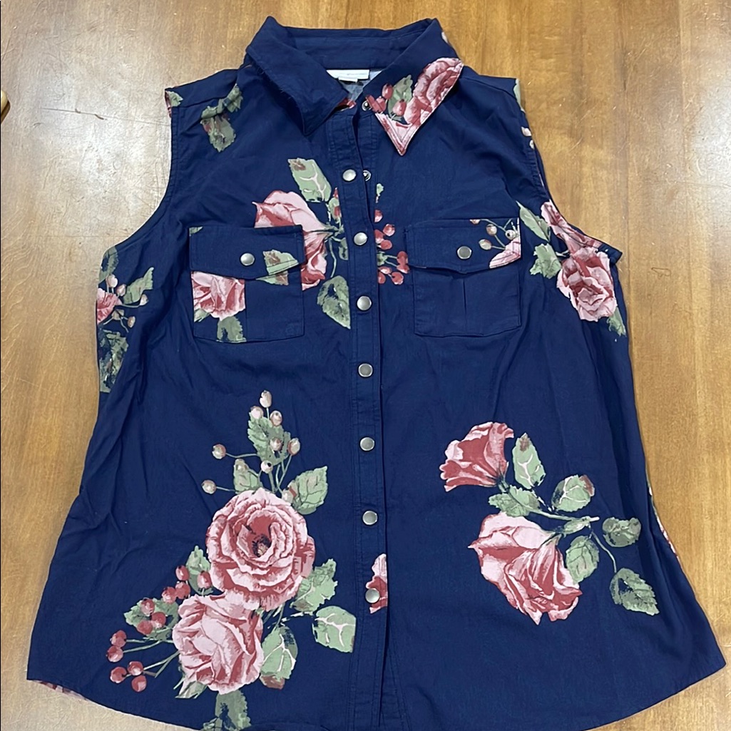 Lularoe Floral Sleeveless Button-Up Top - Navy And Pink